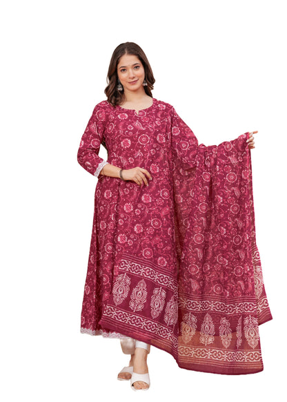 Cotton Printed Anarkali Kurta with Palazzo & Dupatta Set