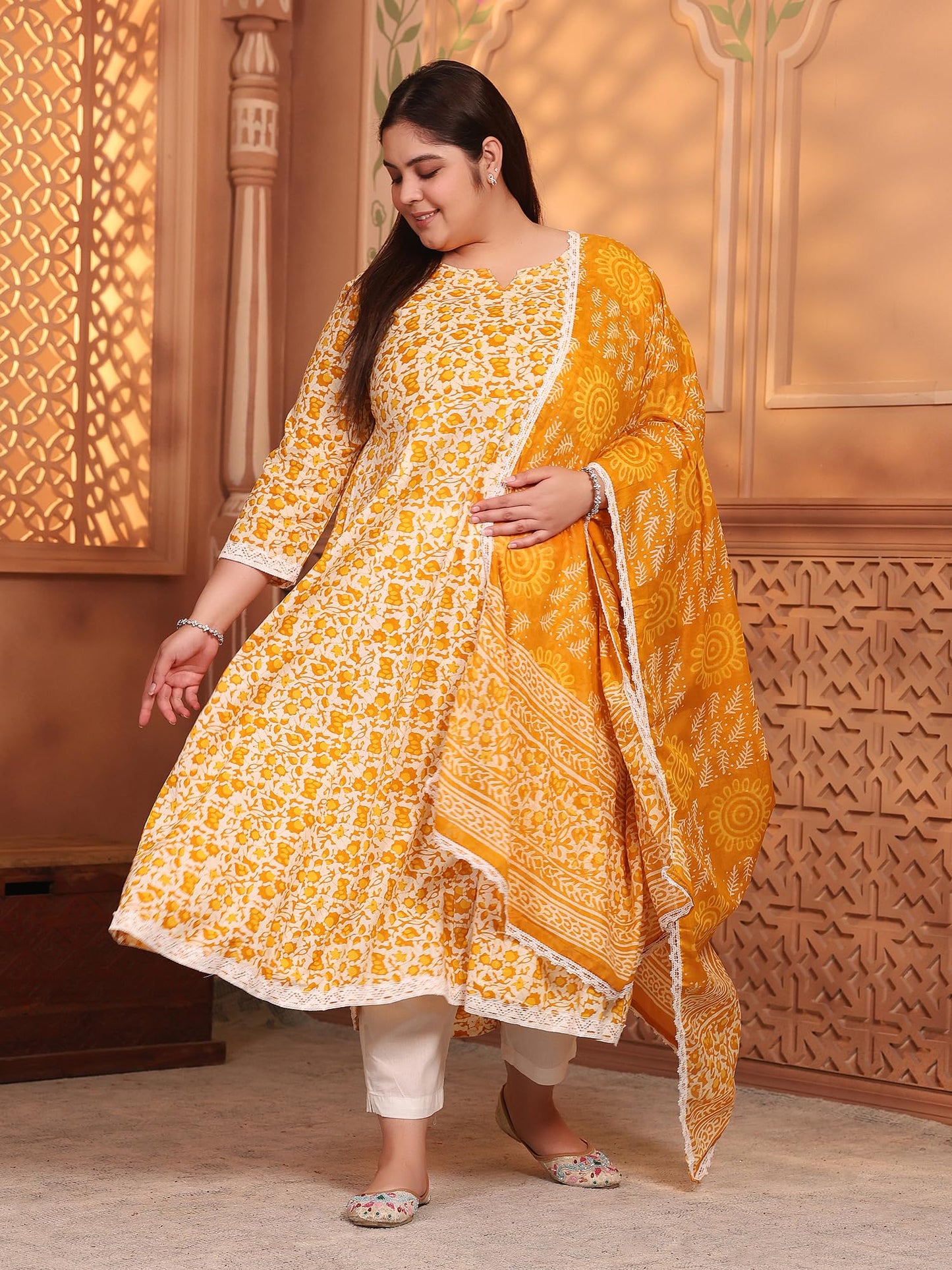 Women's Pure Cotton Printed Anarkali Kurta with Palazzos & Dupatta