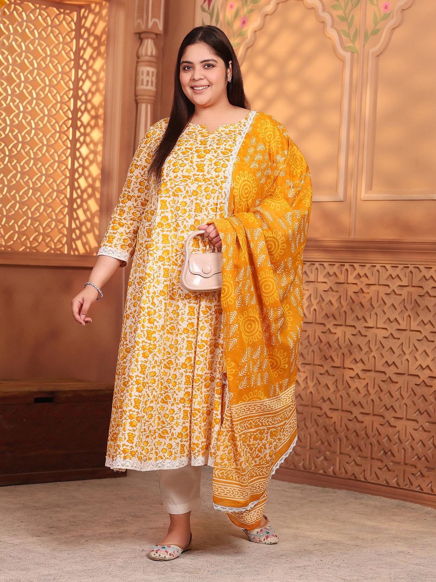 Women's Pure Cotton Printed Anarkali Kurta with Palazzos & Dupatta