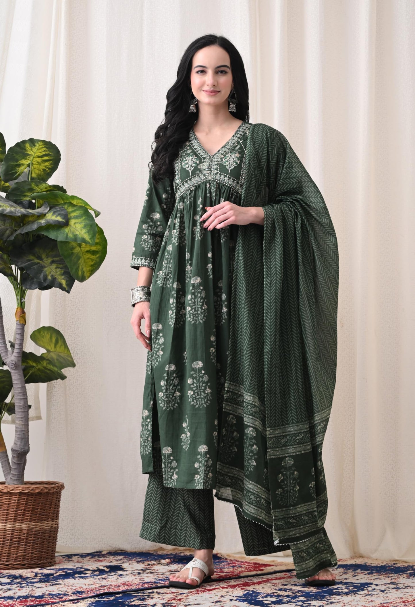 Alia Cut Kurta Palazzo and Dupatta Set,Pure Cotton, with Embroidery,