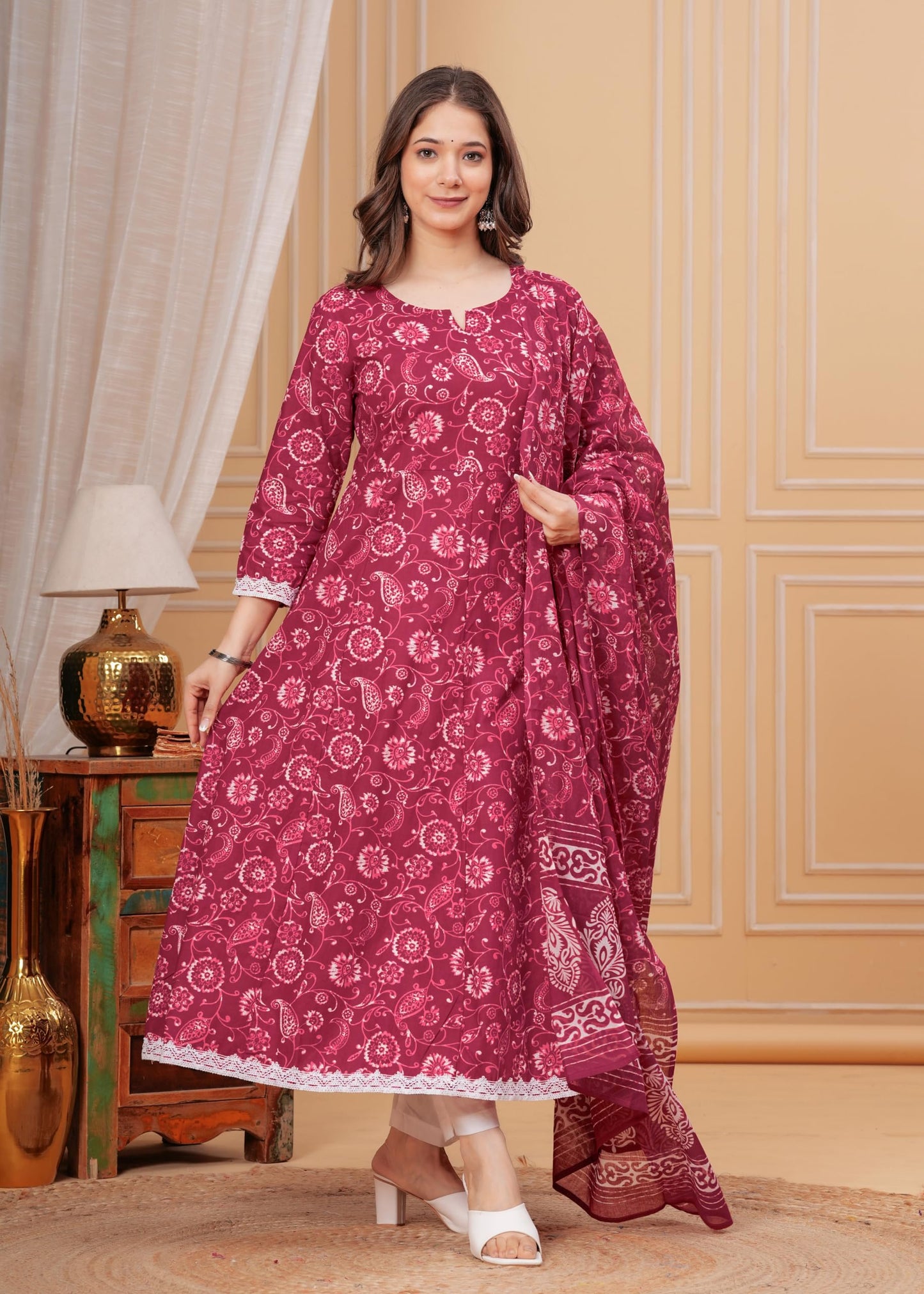 Cotton Printed Anarkali Kurta with Palazzo & Dupatta Set