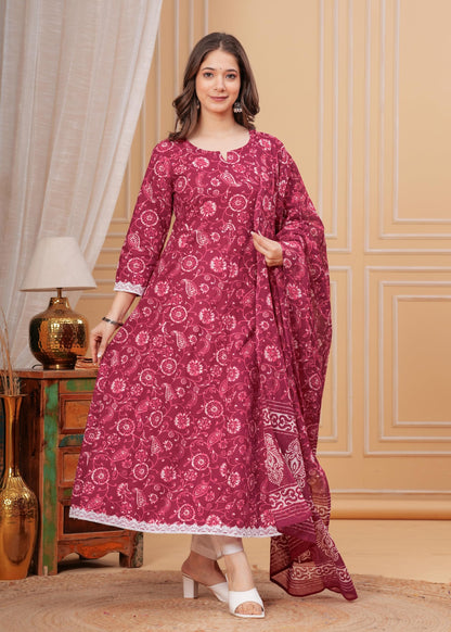 Cotton Printed Anarkali Kurta with Palazzo & Dupatta Set
