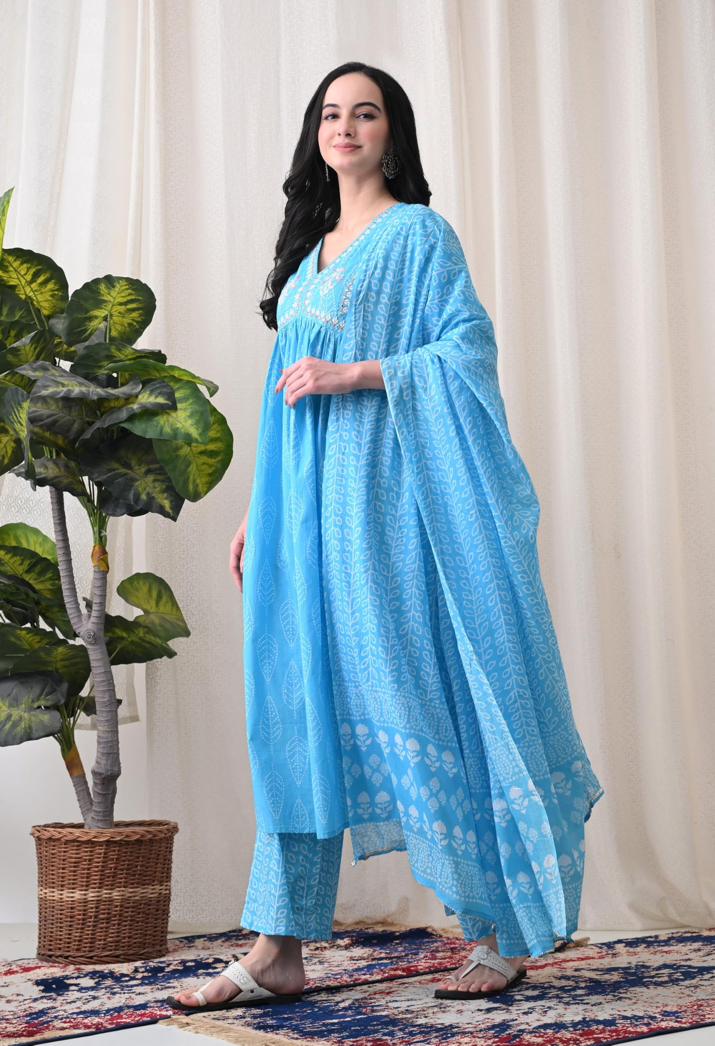Alia Cut Kurta Palazzo and Dupatta Set,Pure Cotton, with Embroidery,