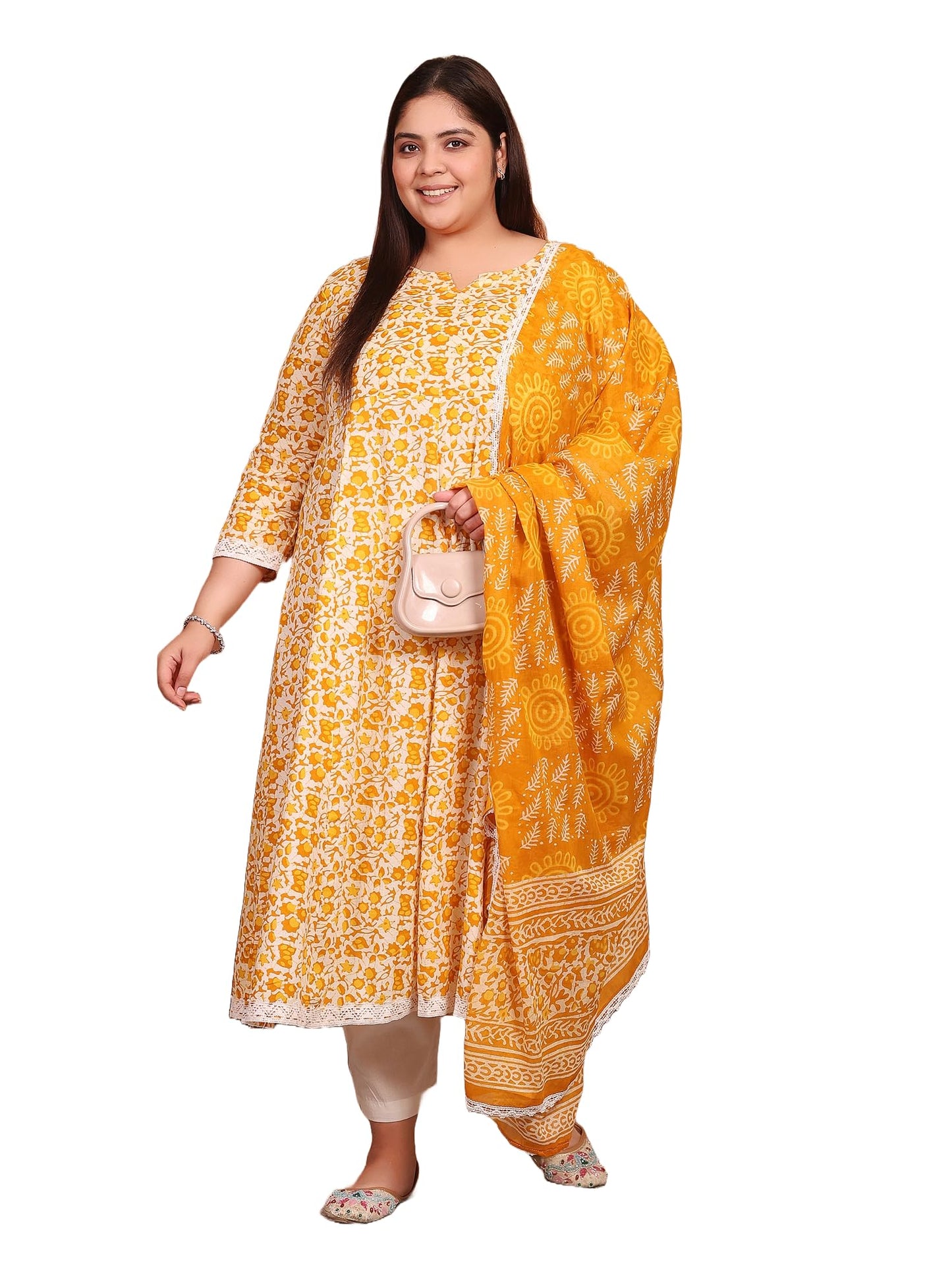 Women's Pure Cotton Printed Anarkali Kurta with Palazzos & Dupatta