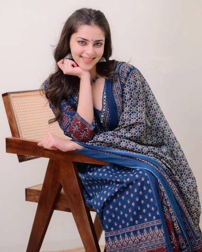 Women's Rayon Printed Anarkali Kurta and Pant with Dupatta Set