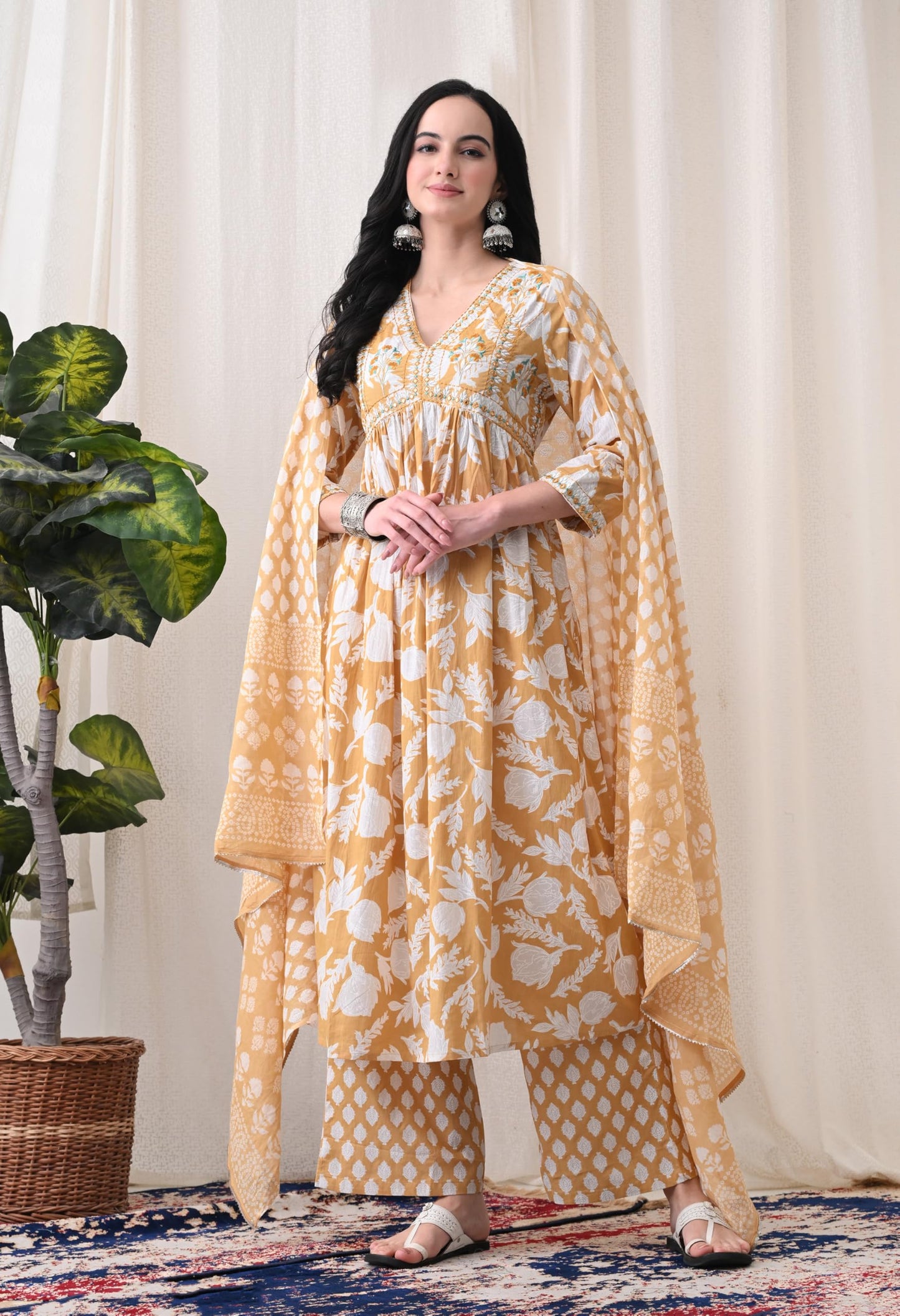 Alia Cut Kurta Palazzo and Dupatta Set,Pure Cotton, with Embroidery,