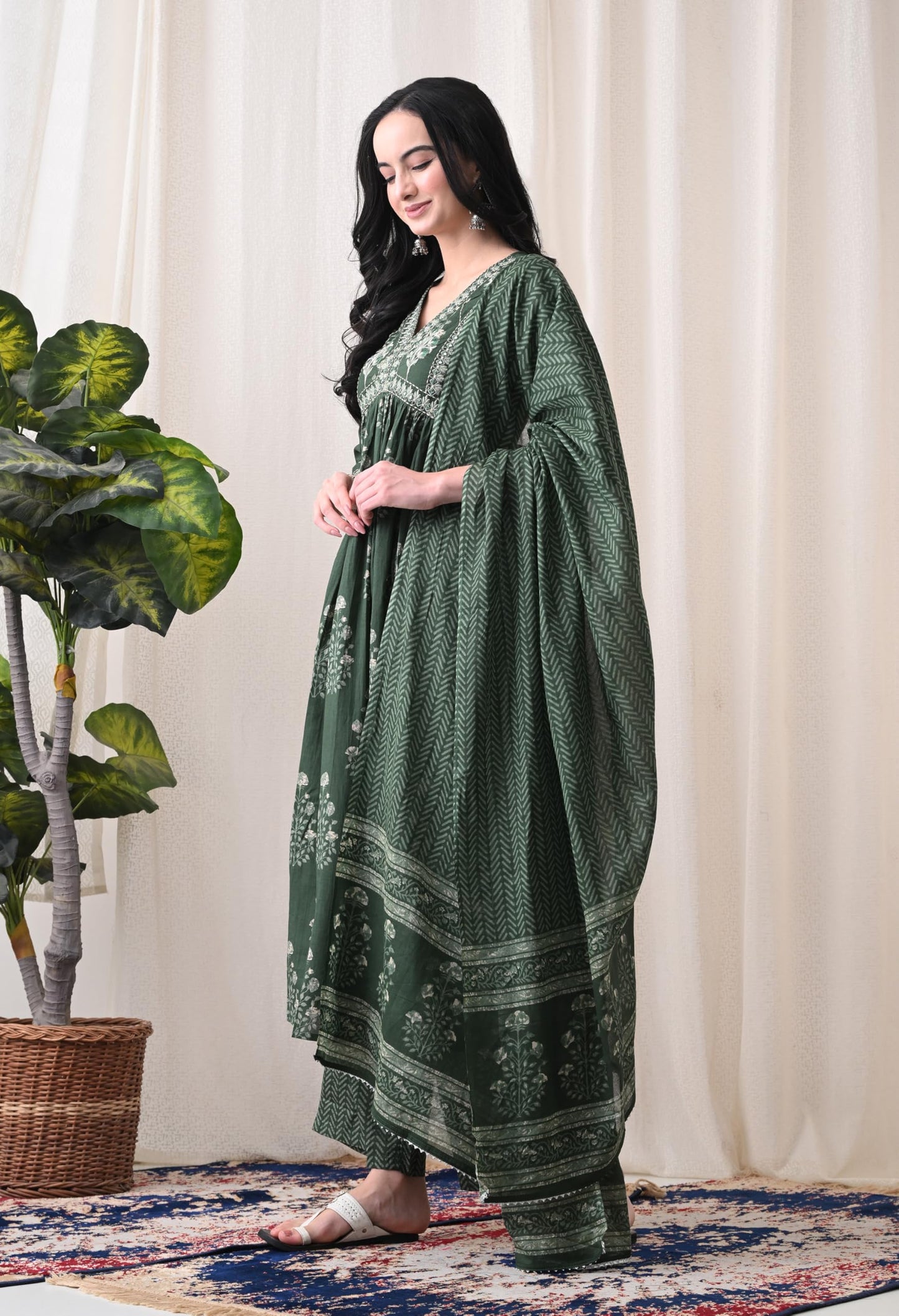 Alia Cut Kurta Palazzo and Dupatta Set,Pure Cotton, with Embroidery,