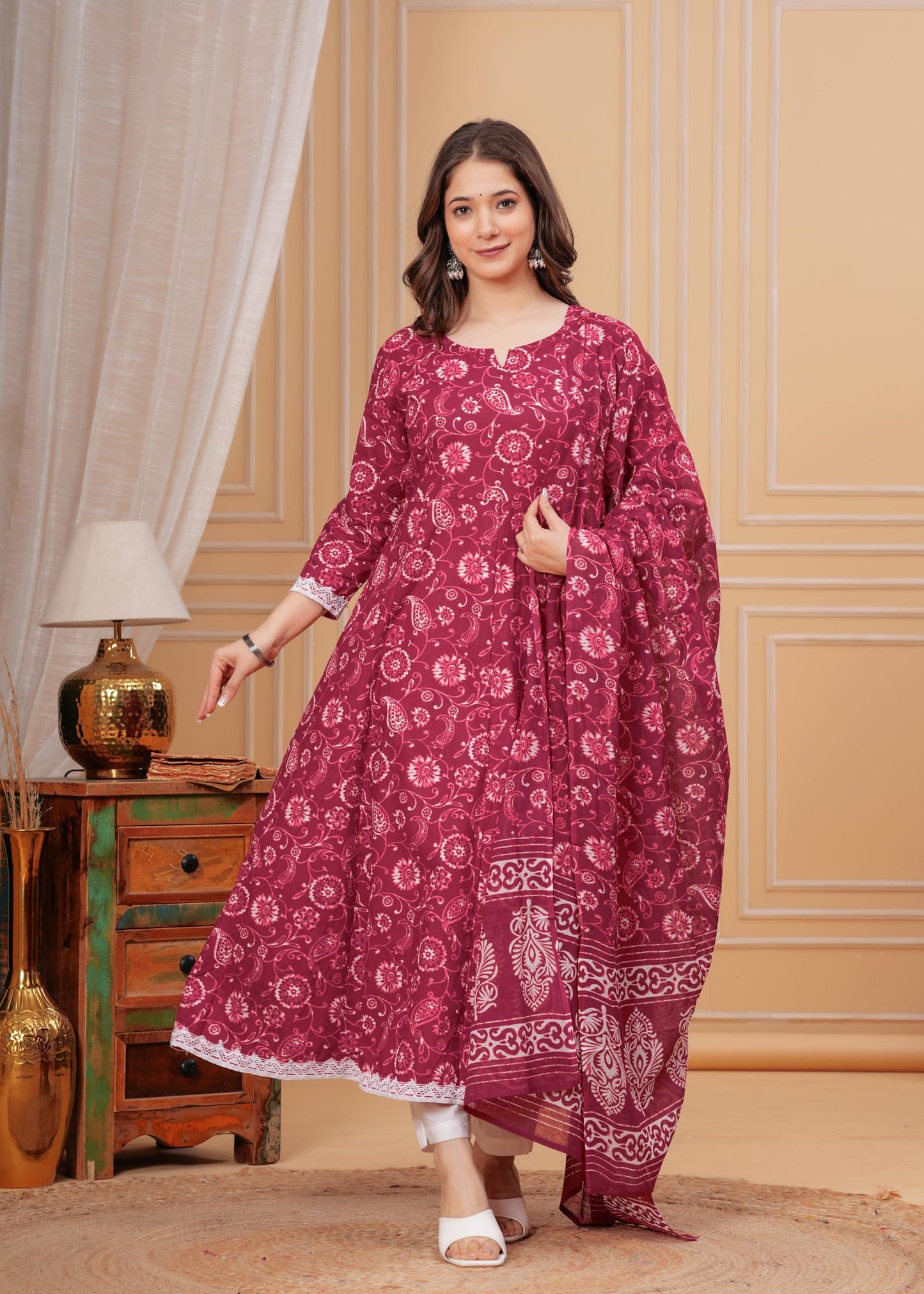 Cotton Printed Anarkali Kurta with Palazzo & Dupatta Set