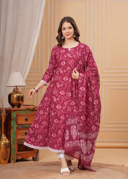 Cotton Printed Anarkali Kurta with Palazzo & Dupatta Set