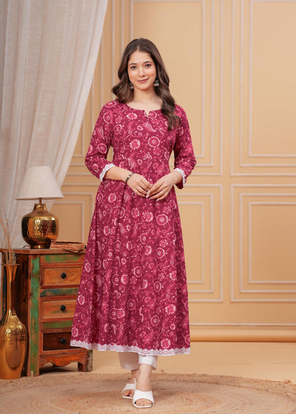 Cotton Printed Anarkali Kurta with Palazzo & Dupatta Set