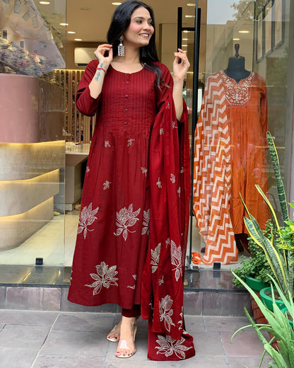 Rayon Blend Anarkali Printed Kurta with Pant & Dupatta