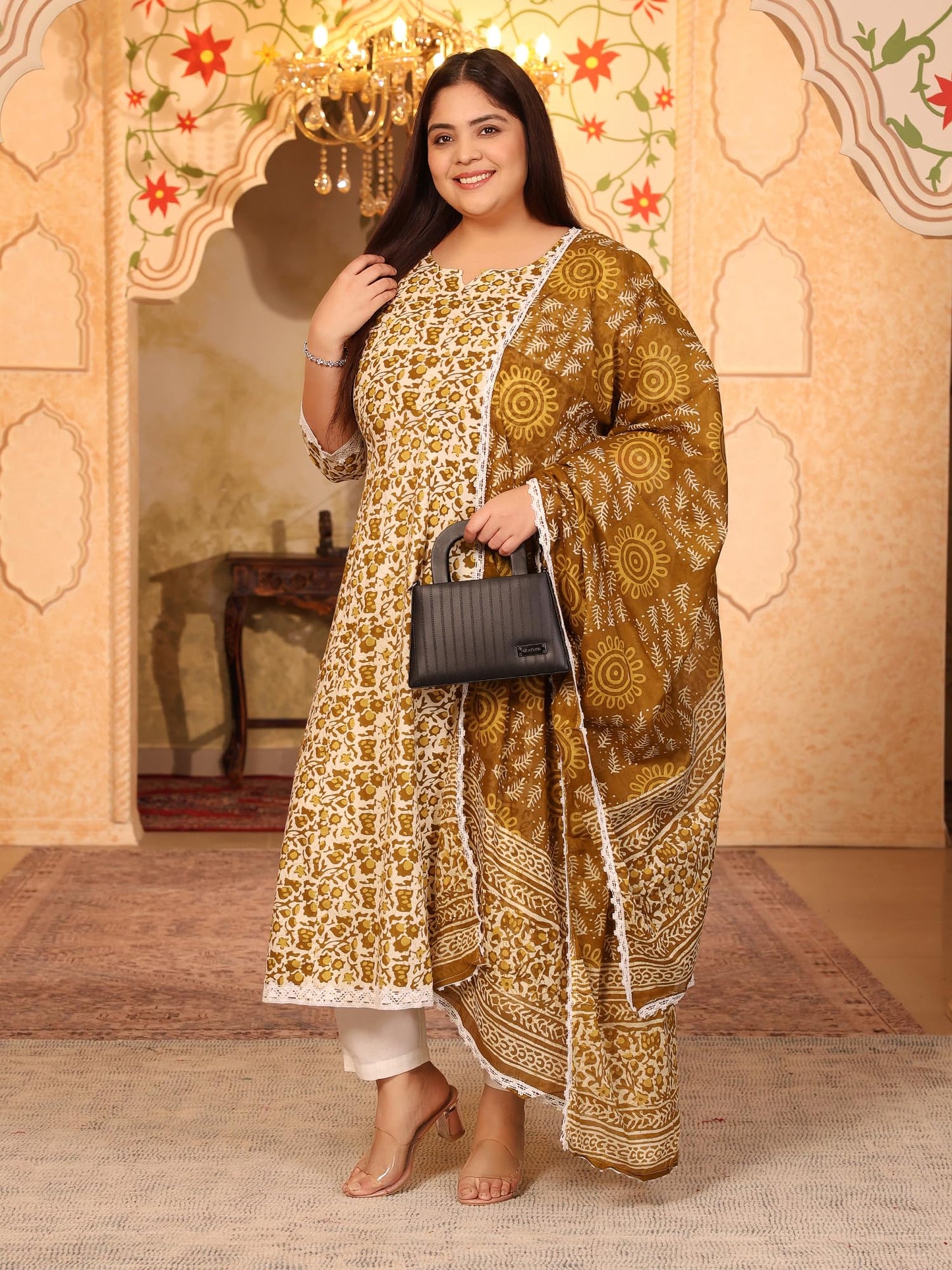 Women's Pure Cotton Printed Anarkali Kurta with Palazzos & Dupatta