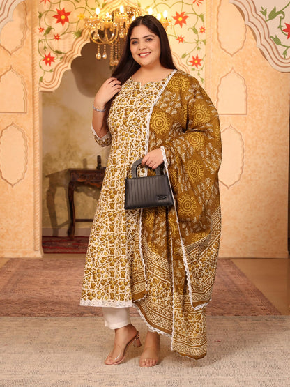 Women's Pure Cotton Printed Anarkali Kurta with Palazzos & Dupatta