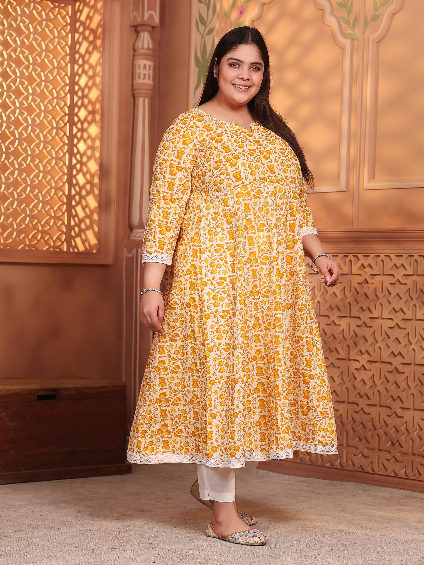 Women's Pure Cotton Printed Anarkali Kurta with Palazzos & Dupatta