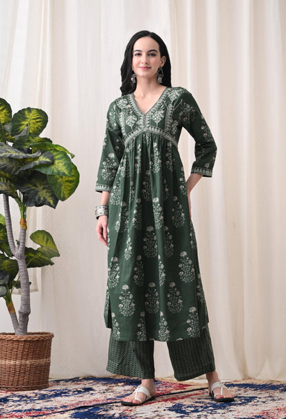 Alia Cut Kurta Palazzo and Dupatta Set,Pure Cotton, with Embroidery,