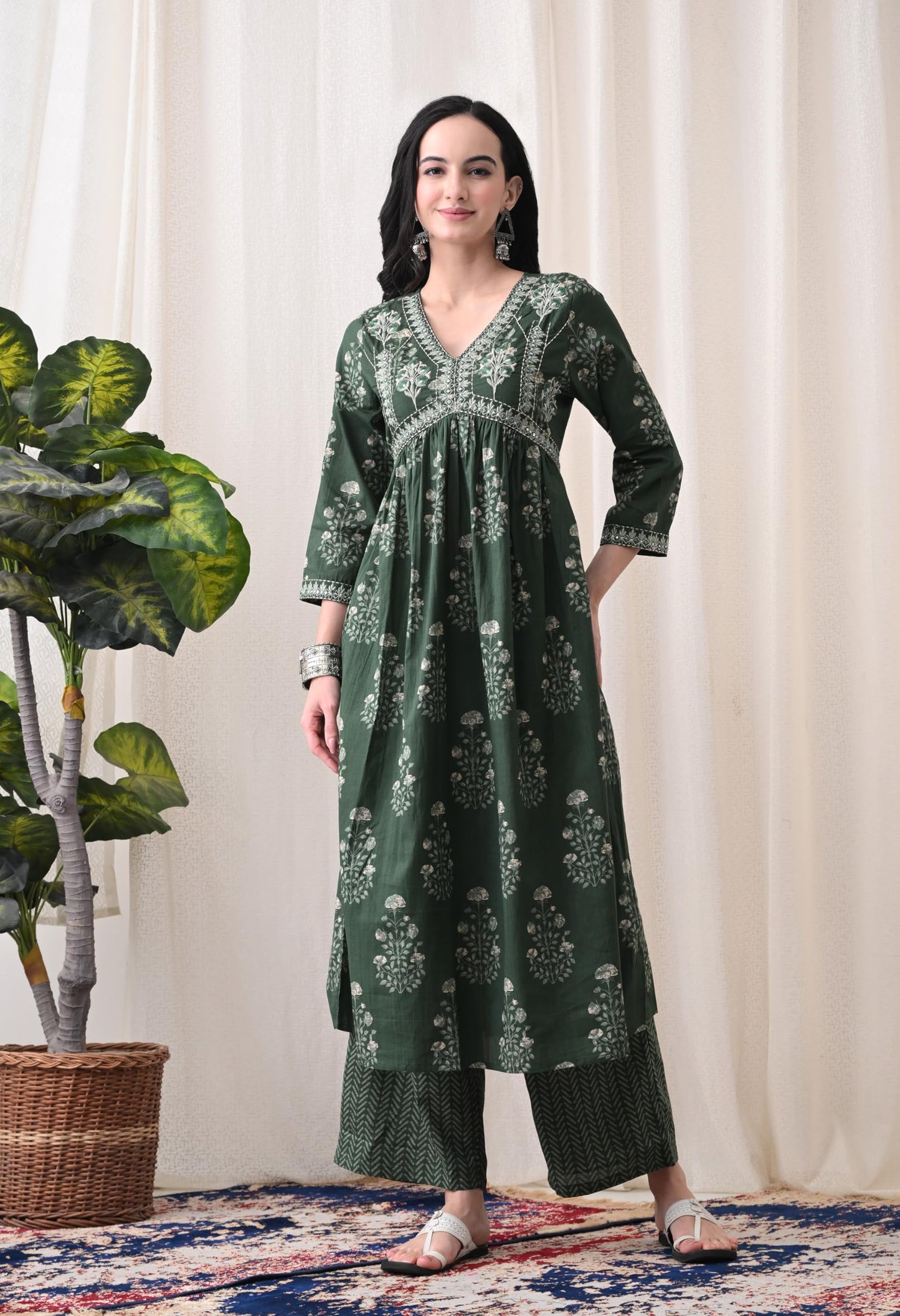 Alia Cut Kurta Palazzo and Dupatta Set,Pure Cotton, with Embroidery,