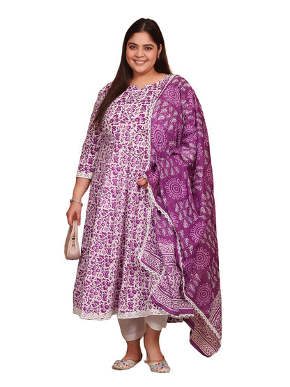 Women's Pure Cotton Printed Anarkali Kurta with Palazzos & Dupatta