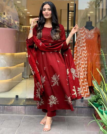 Rayon Blend Anarkali Printed Kurta with Pant & Dupatta