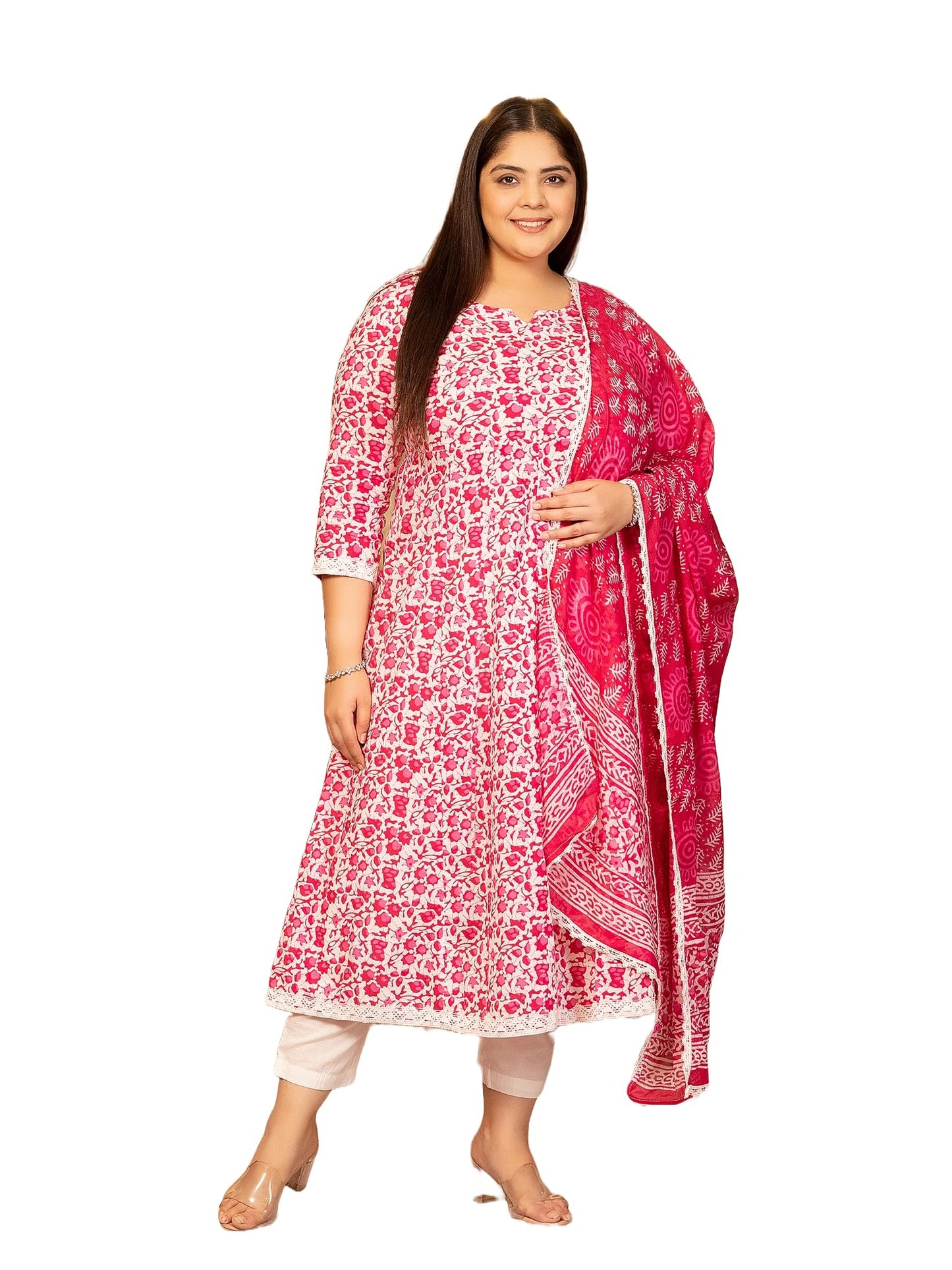 Women's Pure Cotton Printed Anarkali Kurta with Palazzos & Dupatta