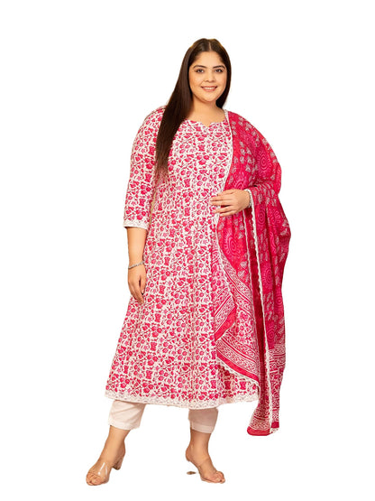 Women's Pure Cotton Printed Anarkali Kurta with Palazzos & Dupatta