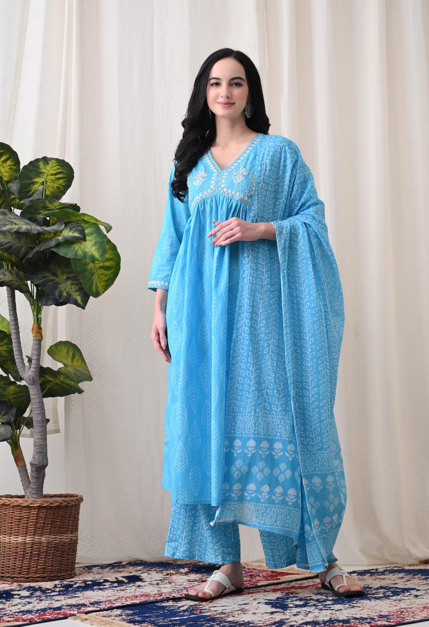 Alia Cut Kurta Palazzo and Dupatta Set,Pure Cotton, with Embroidery,