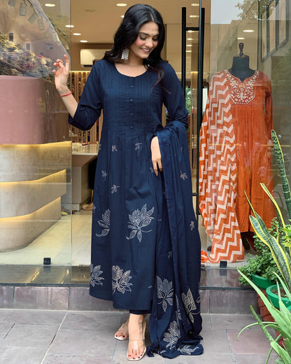 Rayon Blend Anarkali Printed Kurta with Pant & Dupatta