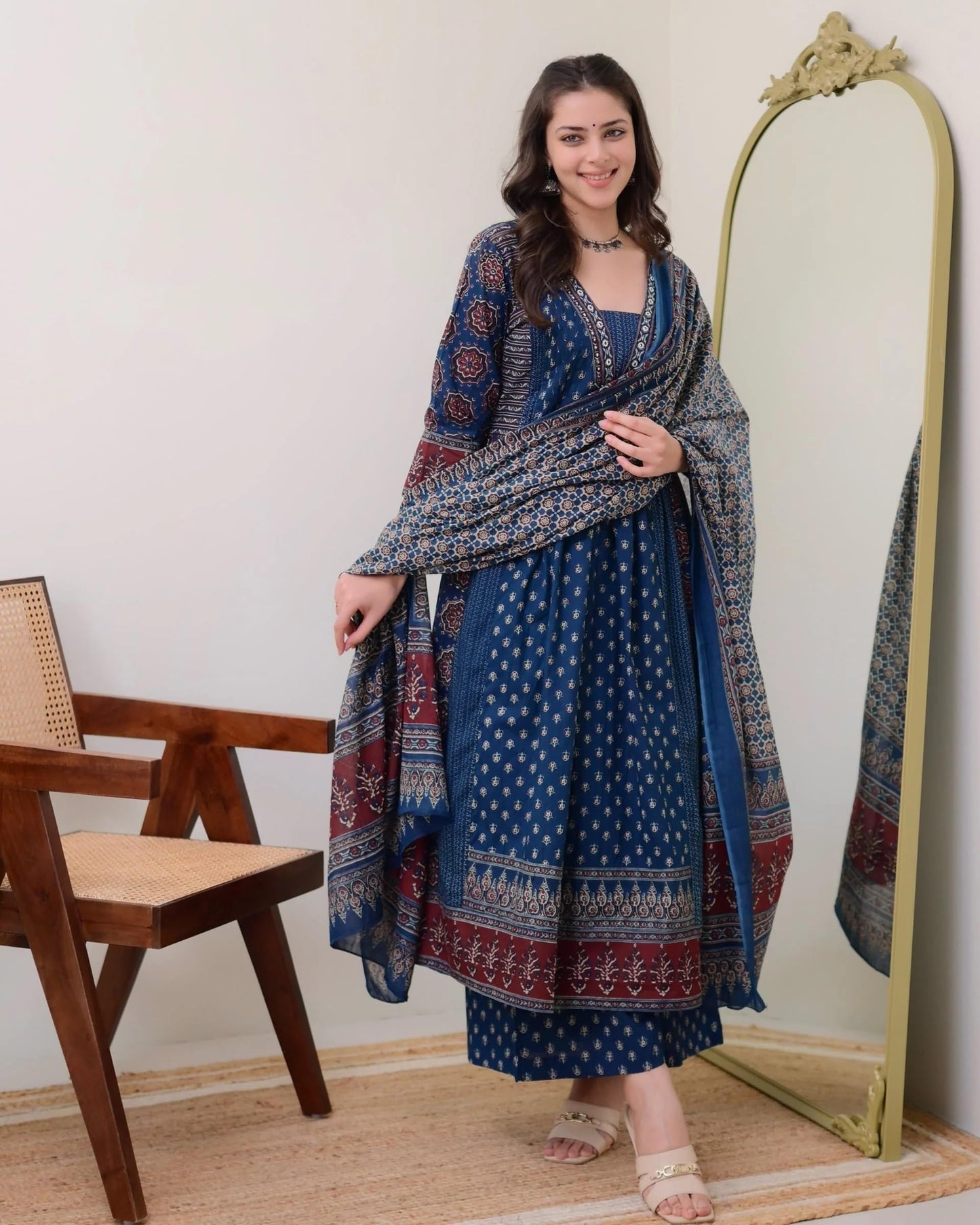 Women's Rayon Printed Anarkali Kurta and Pant with Dupatta Set