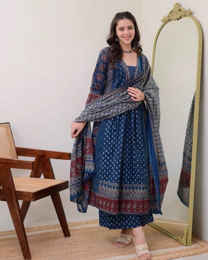 Women's Rayon Printed Anarkali Kurta and Pant with Dupatta Set