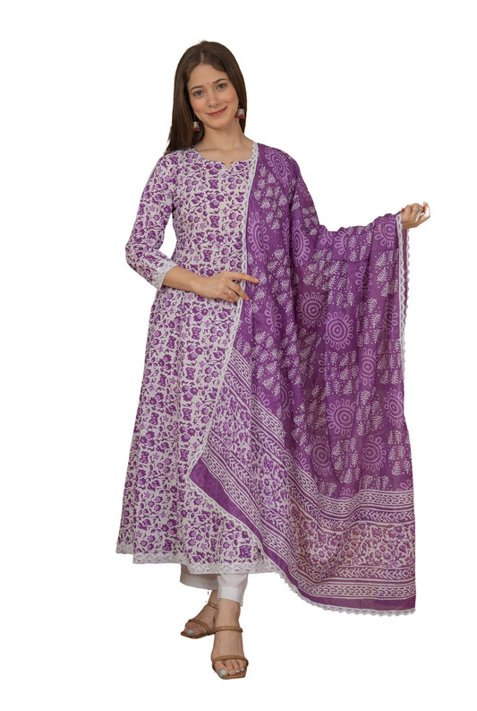Cotton Printed Anarkali Kurta with Palazzo & Dupatta Set