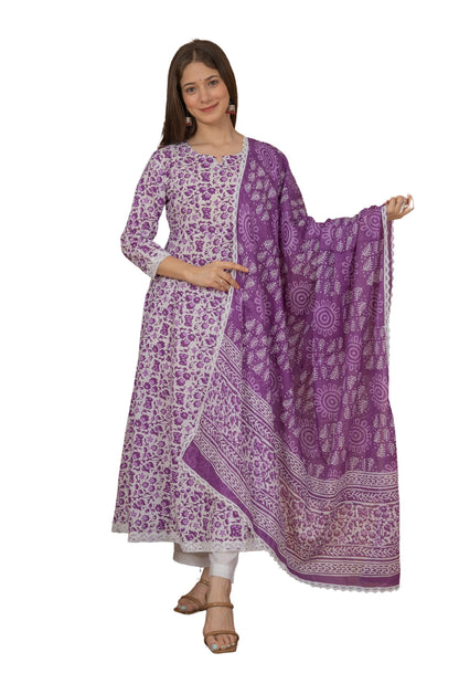 Cotton Printed Anarkali Kurta with Palazzo & Dupatta Set