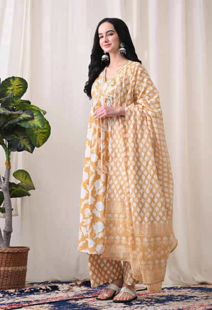 Alia Cut Kurta Palazzo and Dupatta Set,Pure Cotton, with Embroidery,