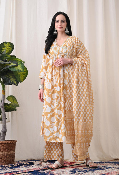 Alia Cut Kurta Palazzo and Dupatta Set,Pure Cotton, with Embroidery,