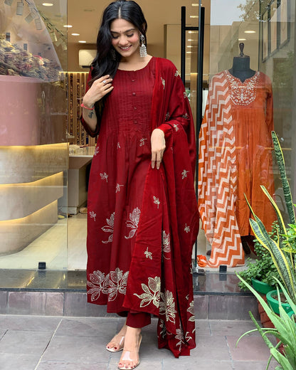 Rayon Blend Anarkali Printed Kurta with Pant & Dupatta