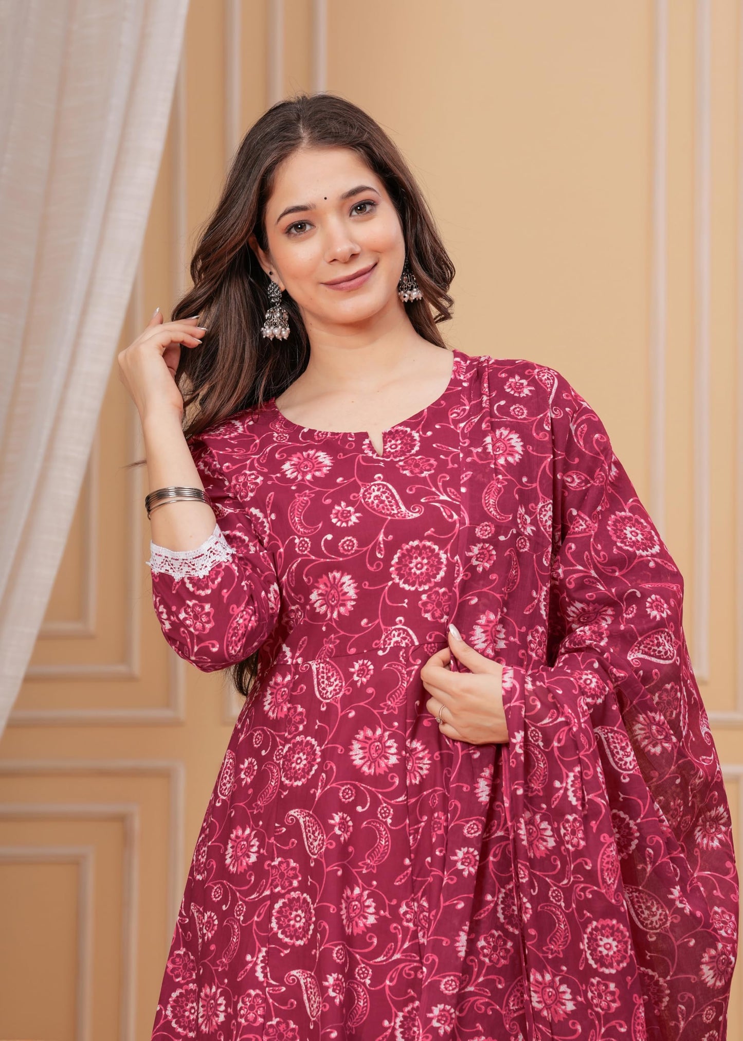 Cotton Printed Anarkali Kurta with Palazzo & Dupatta Set