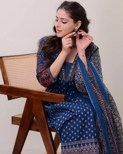 Women's Rayon Printed Anarkali Kurta and Pant with Dupatta Set