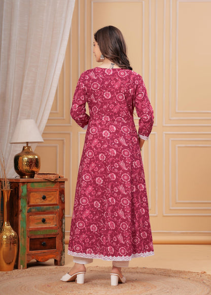 Cotton Printed Anarkali Kurta with Palazzo & Dupatta Set