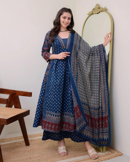 Women's Rayon Printed Anarkali Kurta and Pant with Dupatta Set