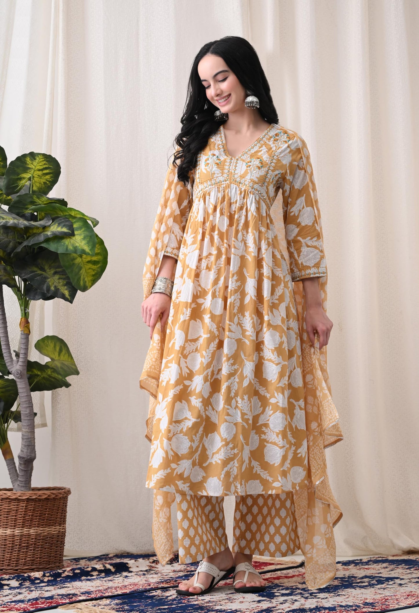 Alia Cut Kurta Palazzo and Dupatta Set,Pure Cotton, with Embroidery,