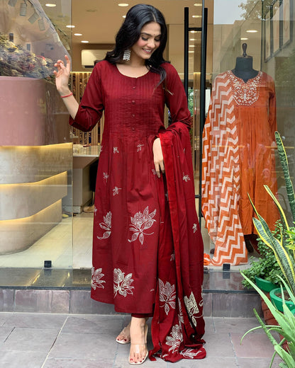 Rayon Blend Anarkali Printed Kurta with Pant & Dupatta