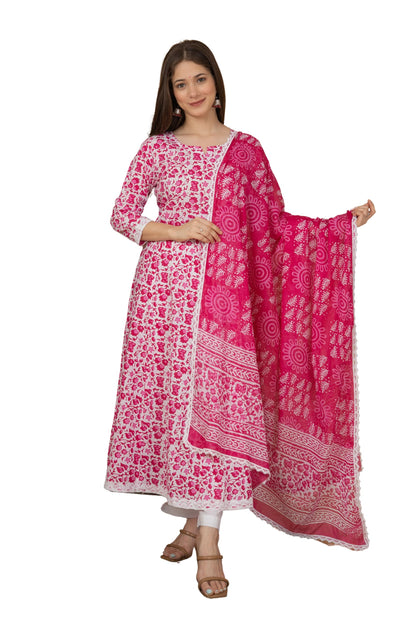 Cotton Printed Anarkali Kurta with Palazzo & Dupatta Set