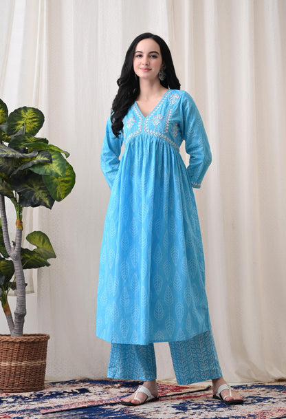 Alia Cut Kurta Palazzo and Dupatta Set,Pure Cotton, with Embroidery,