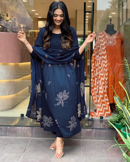 Rayon Blend Anarkali Printed Kurta with Pant & Dupatta