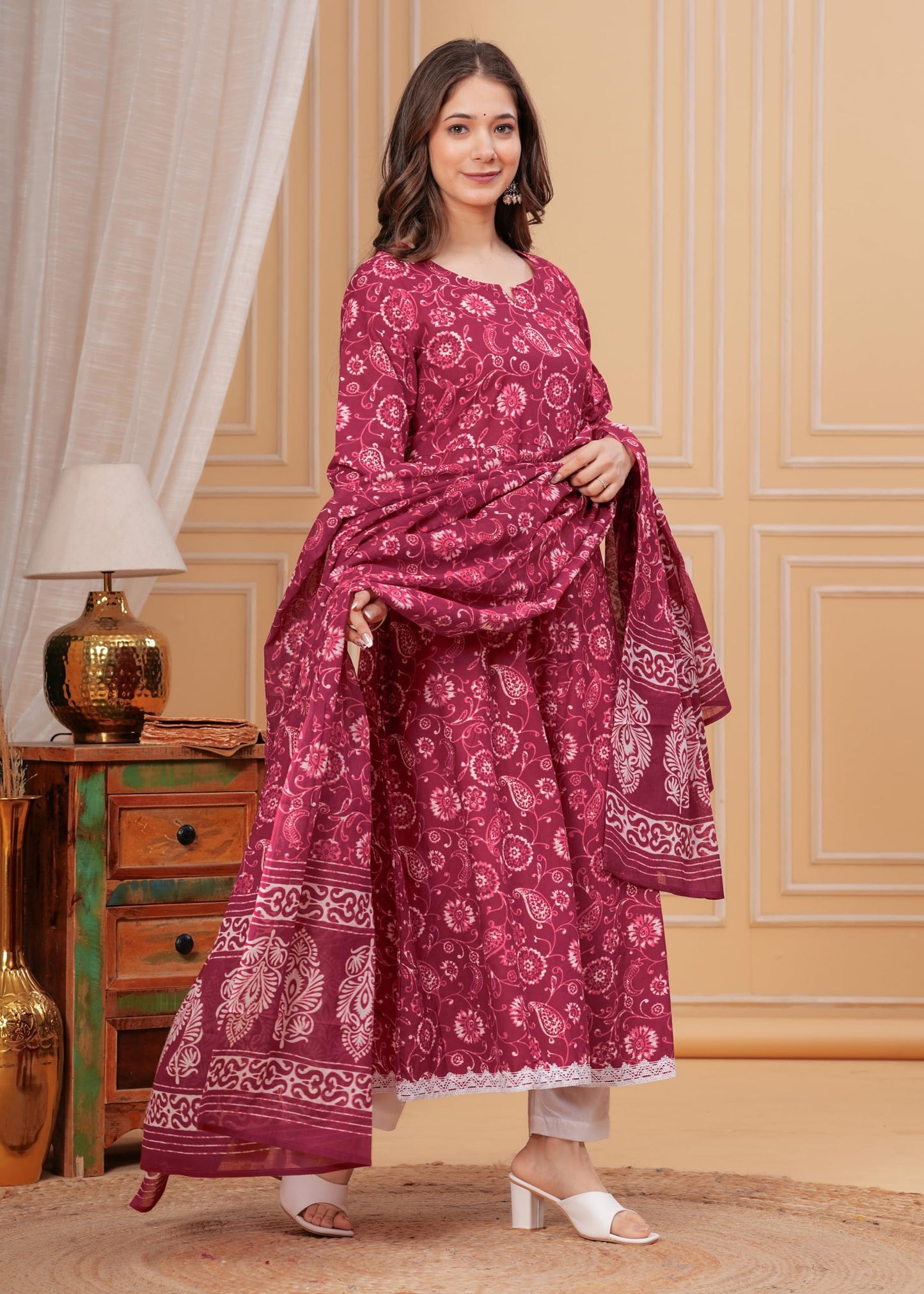 Cotton Printed Anarkali Kurta with Palazzo & Dupatta Set