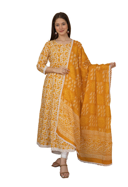 Cotton Printed Anarkali Kurta with Palazzo & Dupatta Set