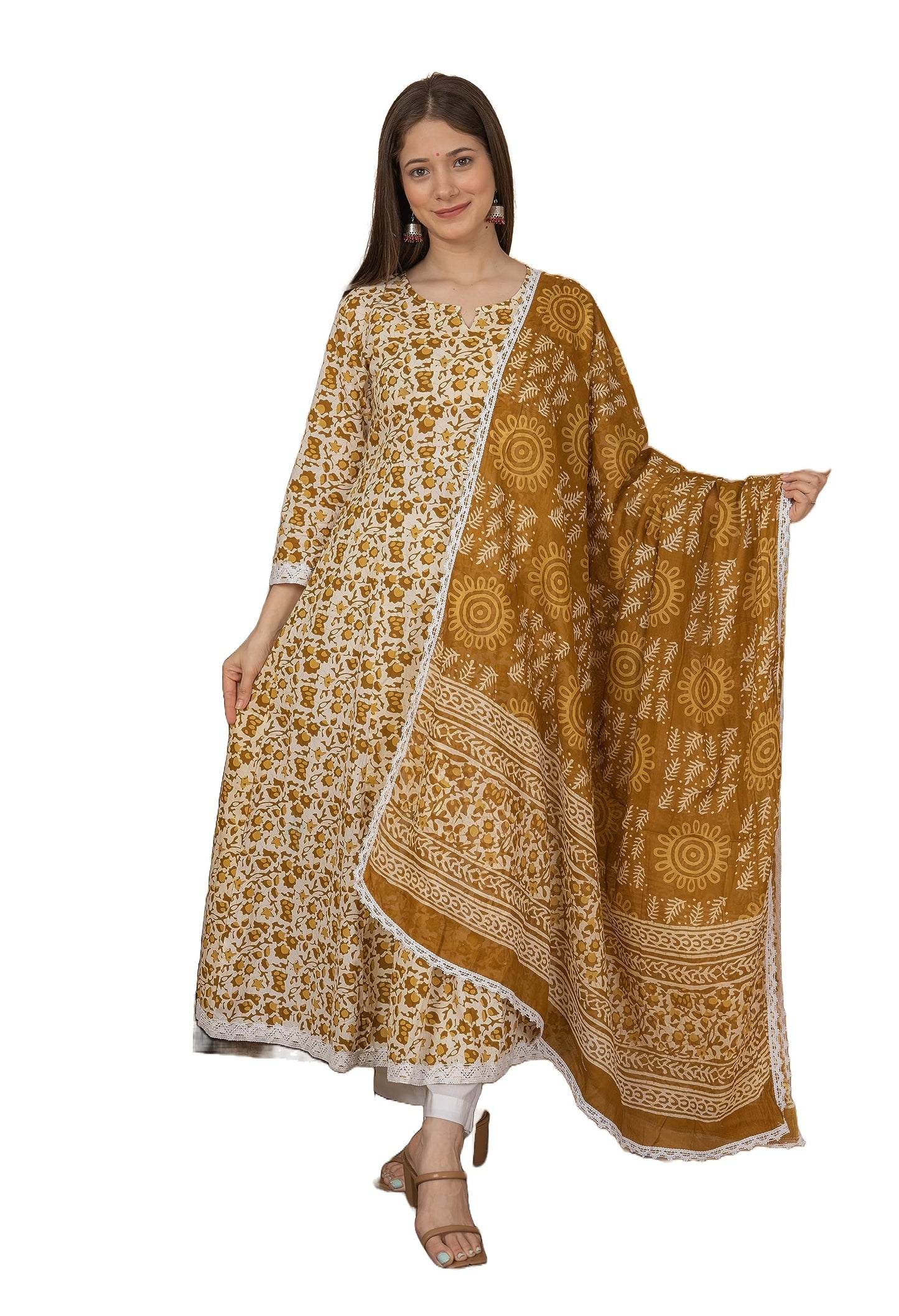 Cotton Printed Anarkali Kurta with Palazzo & Dupatta Set