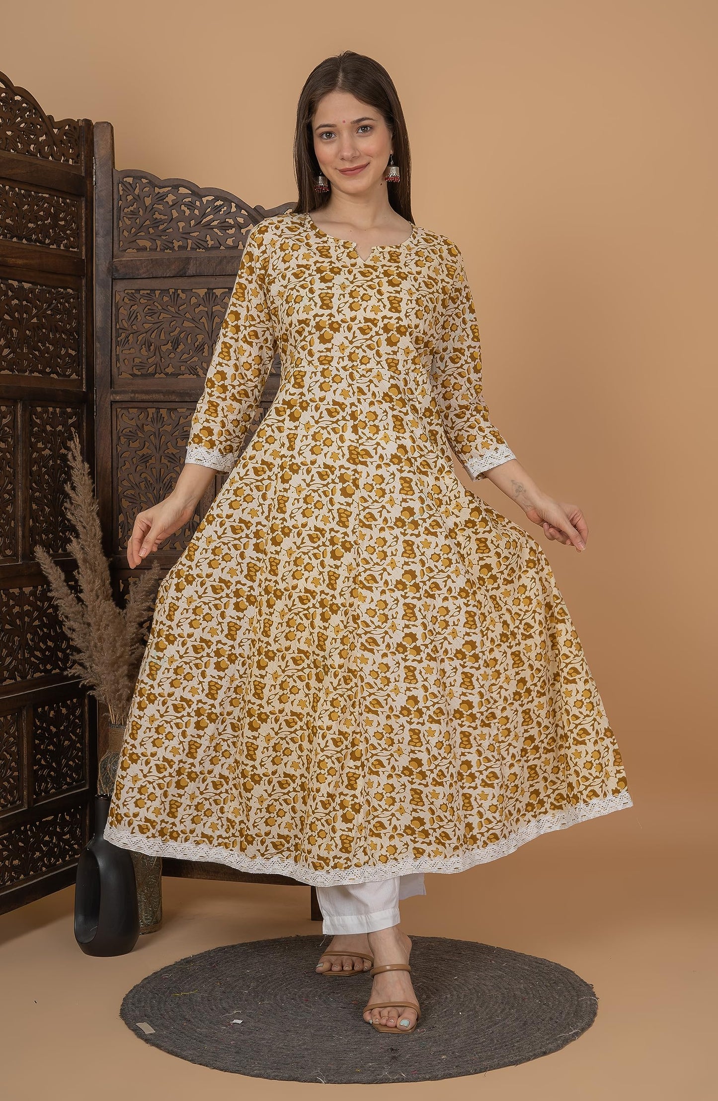 Cotton Printed Anarkali Kurta with Palazzo & Dupatta Set