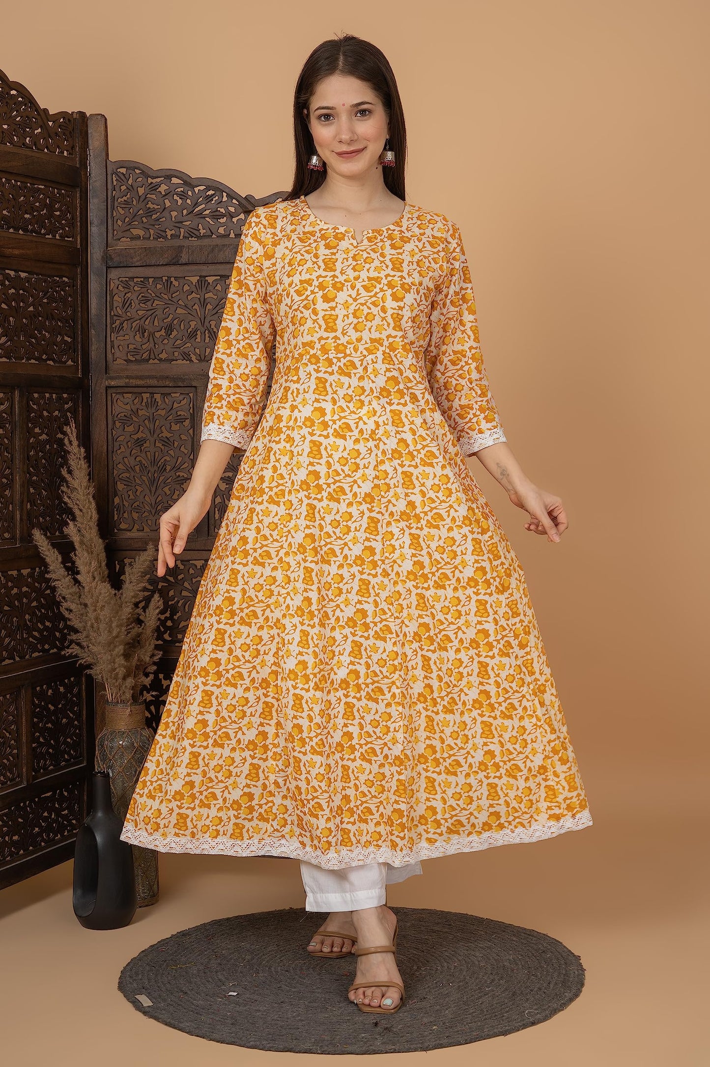Cotton Printed Anarkali Kurta with Palazzo & Dupatta Set