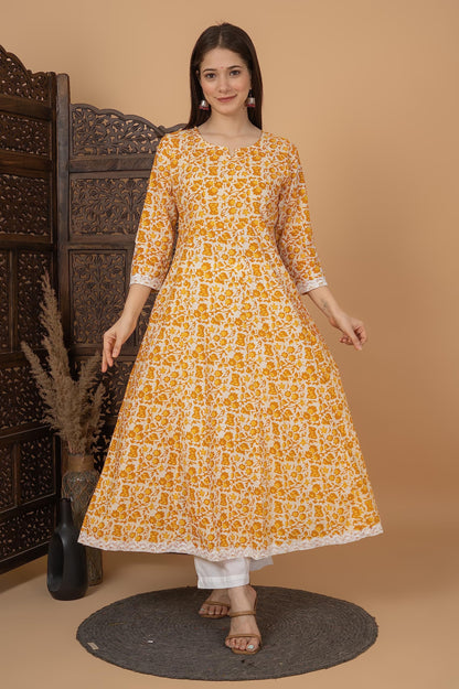Cotton Printed Anarkali Kurta with Palazzo & Dupatta Set