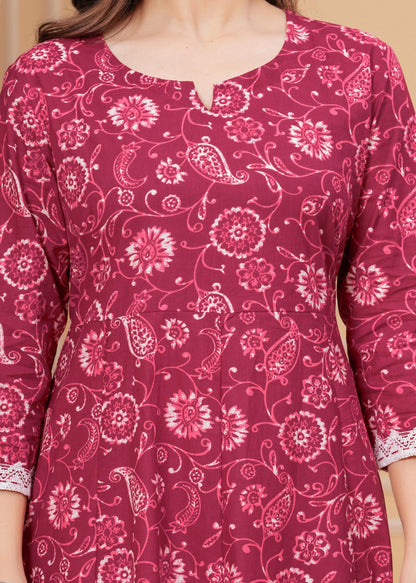 Cotton Printed Anarkali Kurta with Palazzo & Dupatta Set