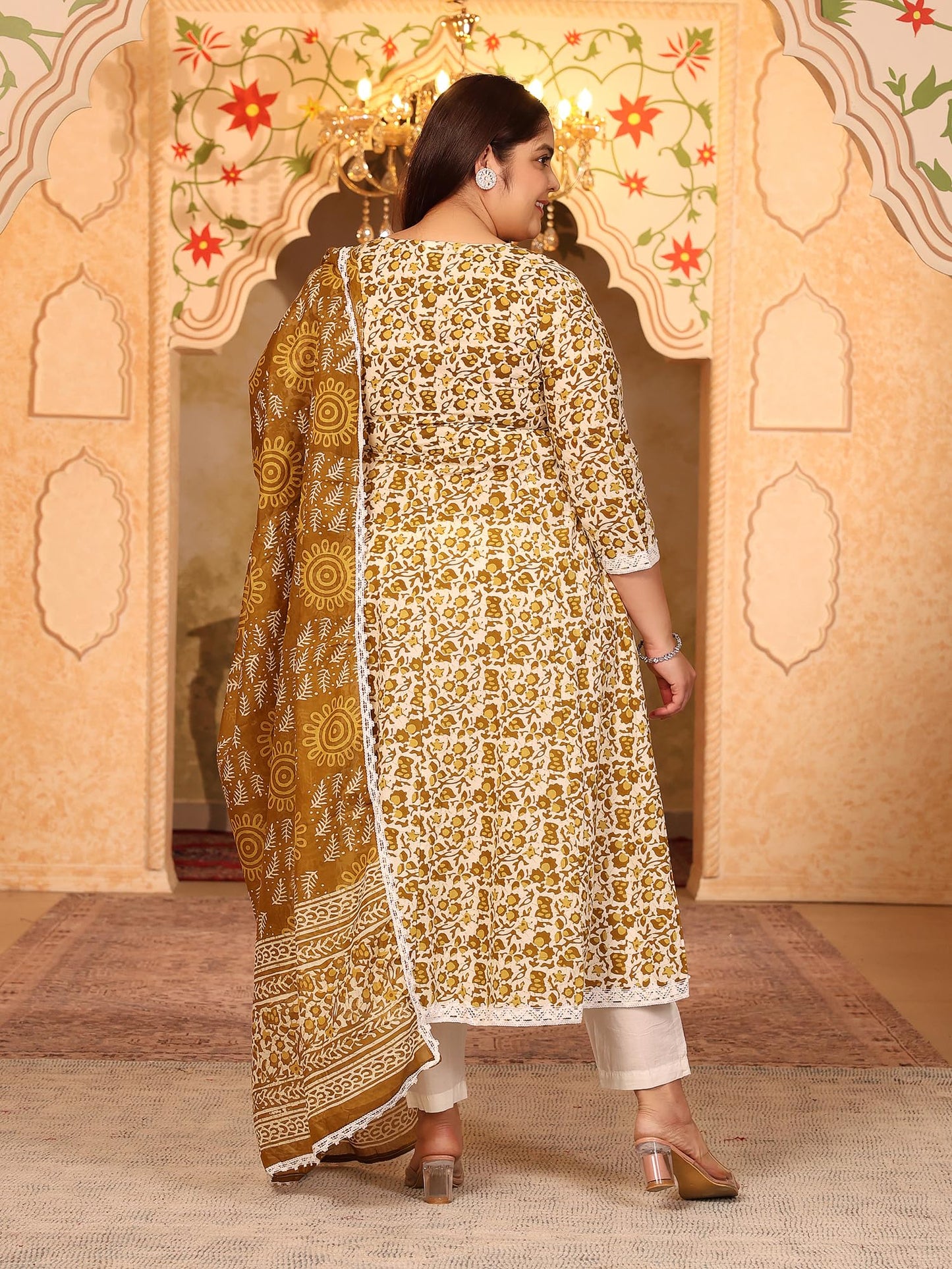 Women's Pure Cotton Printed Anarkali Kurta with Palazzos & Dupatta